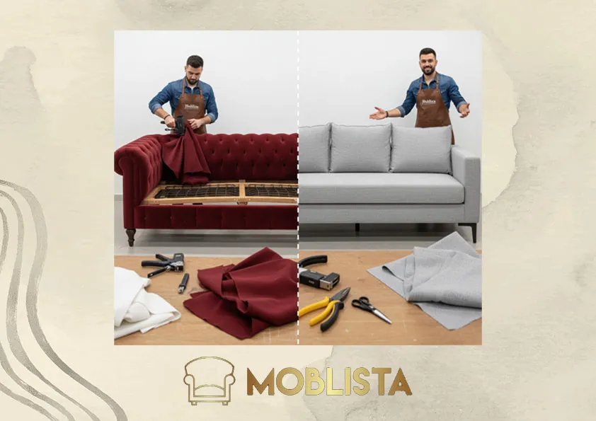 عکس قبل و بعد از تعمیر و تبدیل مبل چستر به مبل راحتی