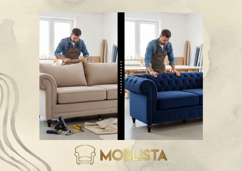 عکس قبل و بعد از تعمیر و تبدیل مبل راحتی به مبل چستر